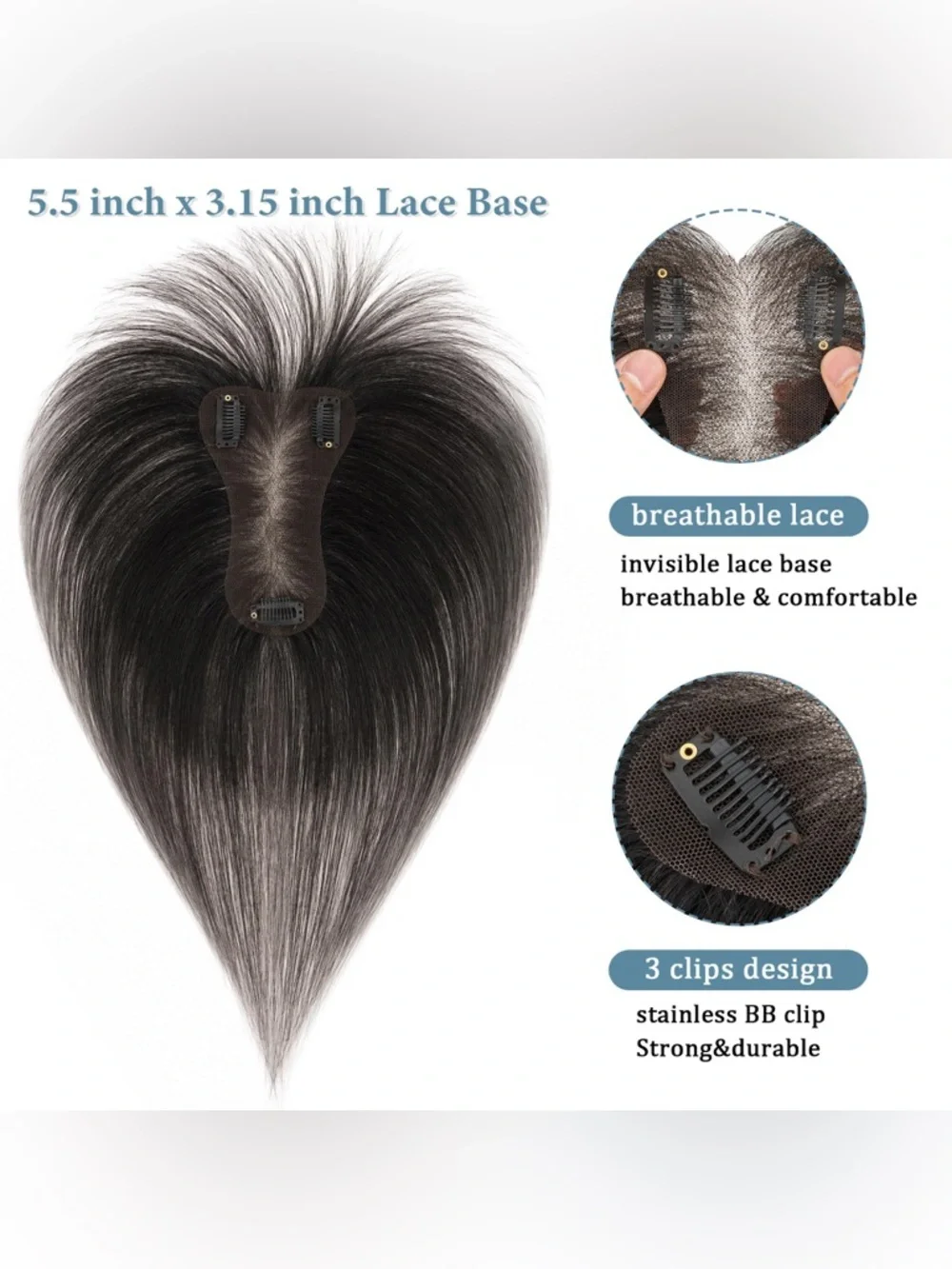 HUMAN HAIR Human Hair Topper w/ Air Bangs Lightweight Clip In